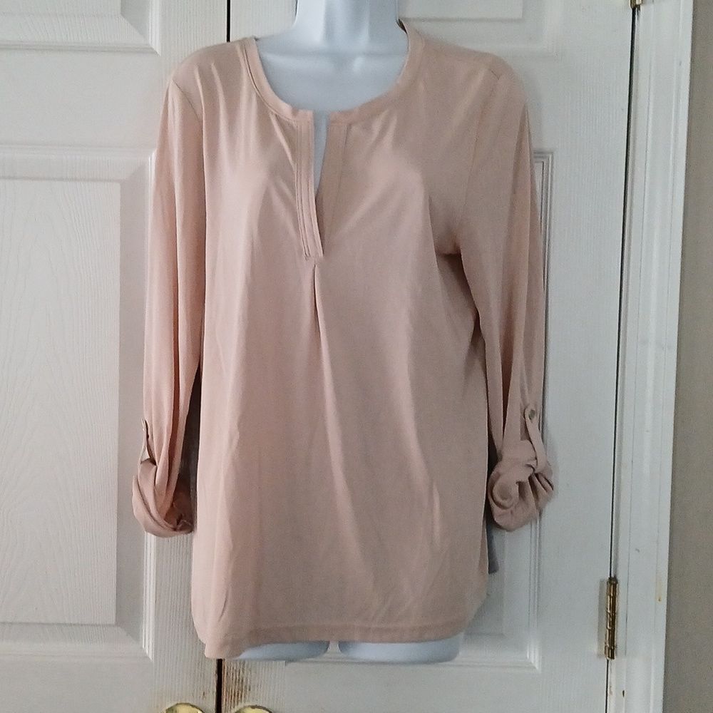 Calvin Klein Jeans 2 tone pale peach and gray cuffed sleeve top Sz L
